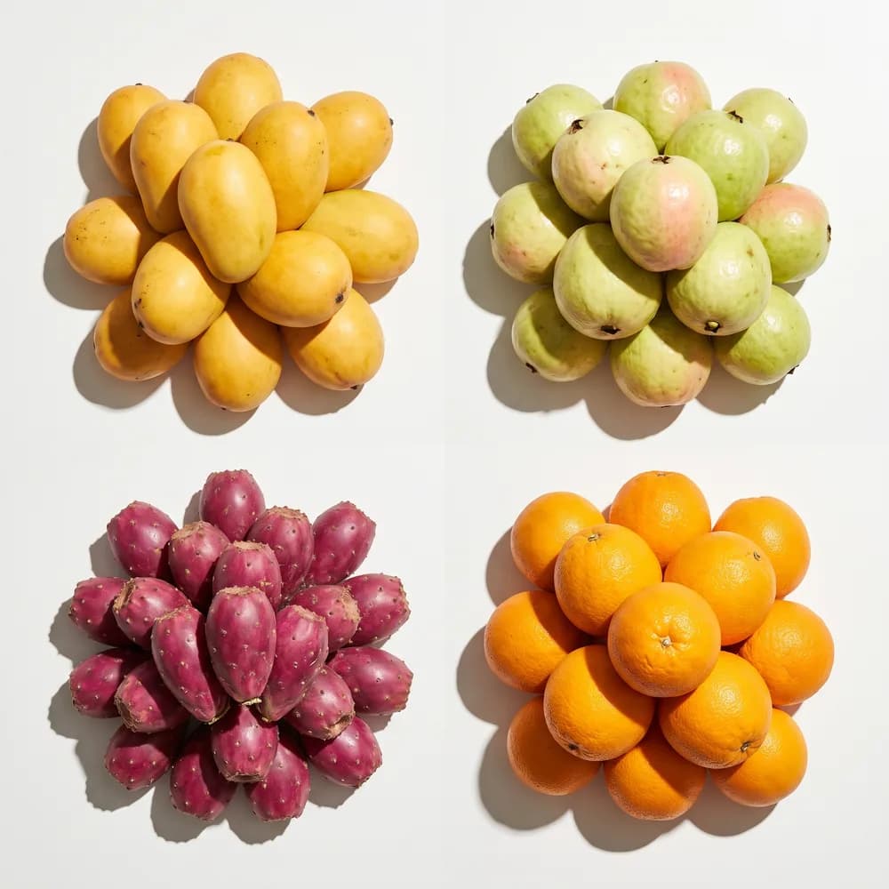 Cuatro montones de fruta mexicana alineados sobre una mesa blanca: mango, guayaba, tuna y naranja.