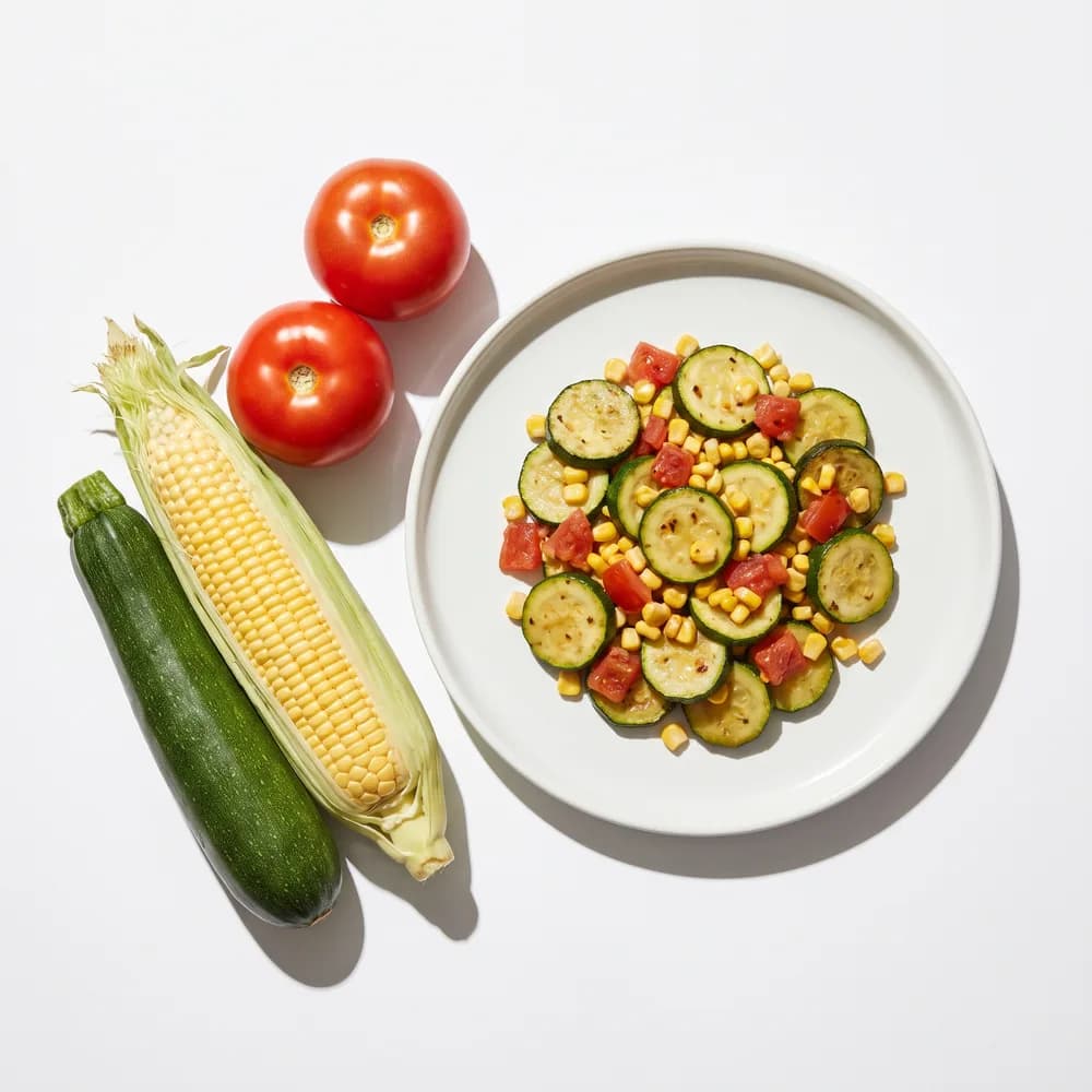 Un plato blanco con una guarnición de verdura cocida, y a su lado los mismos ingredientes crudos sin cortar.