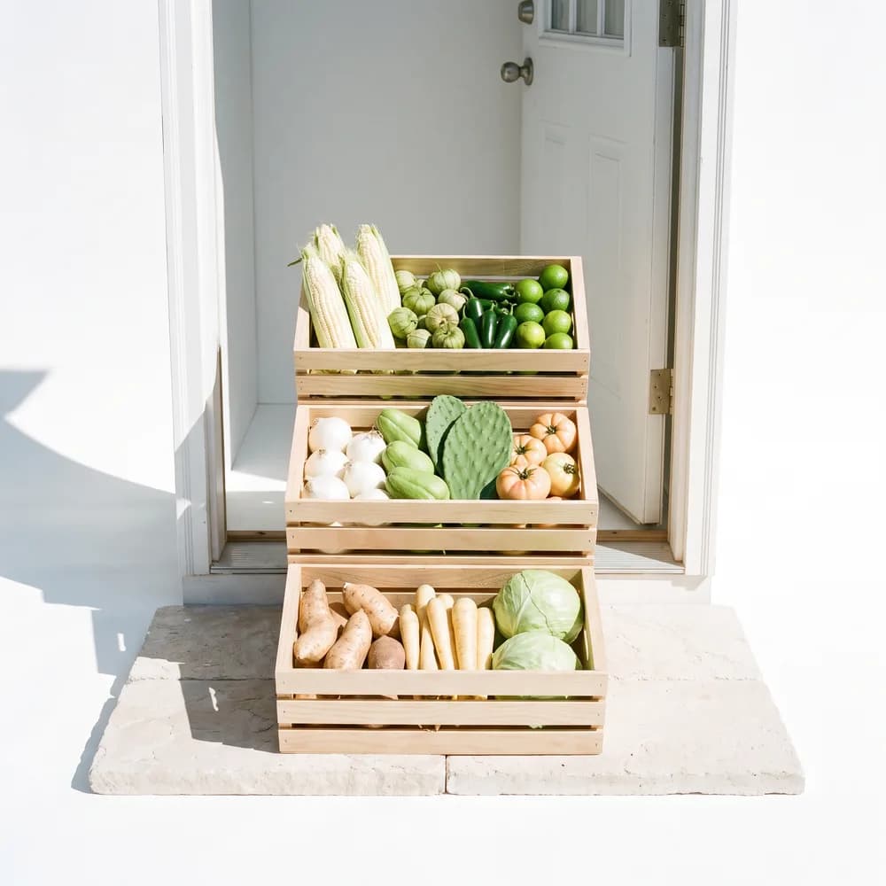 Cajas de fruta y verdura acomodadas en el umbral de una puerta, recién entregadas.