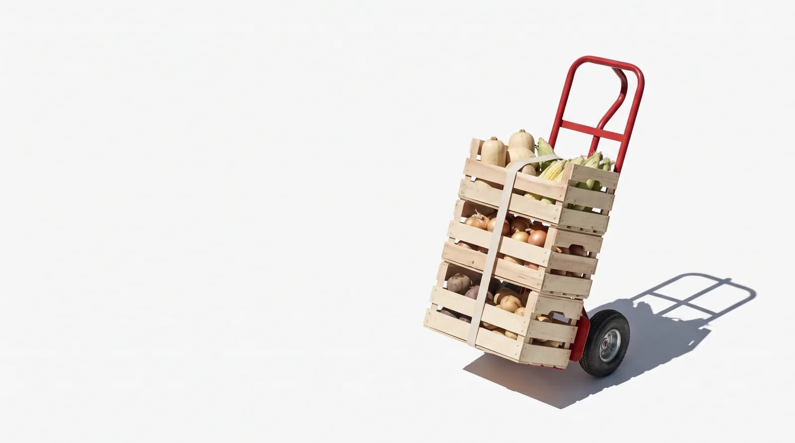 Diablito de carga con tres cajas de verdura amarradas con una cincha, listo para bajar el pedido.