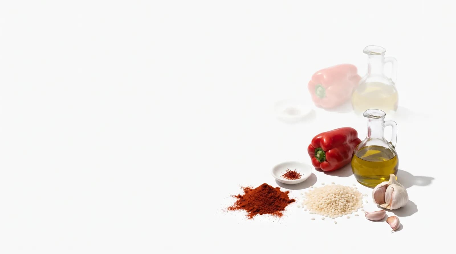 Pimentón rojo, hebras de azafrán, arroz redondo, ajo, pimiento morrón y aceite de oliva.