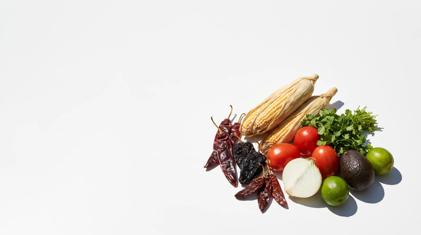 Chiles secos, maíz, jitomate, cebolla, cilantro, limón y aguacate: la despensa mexicana.