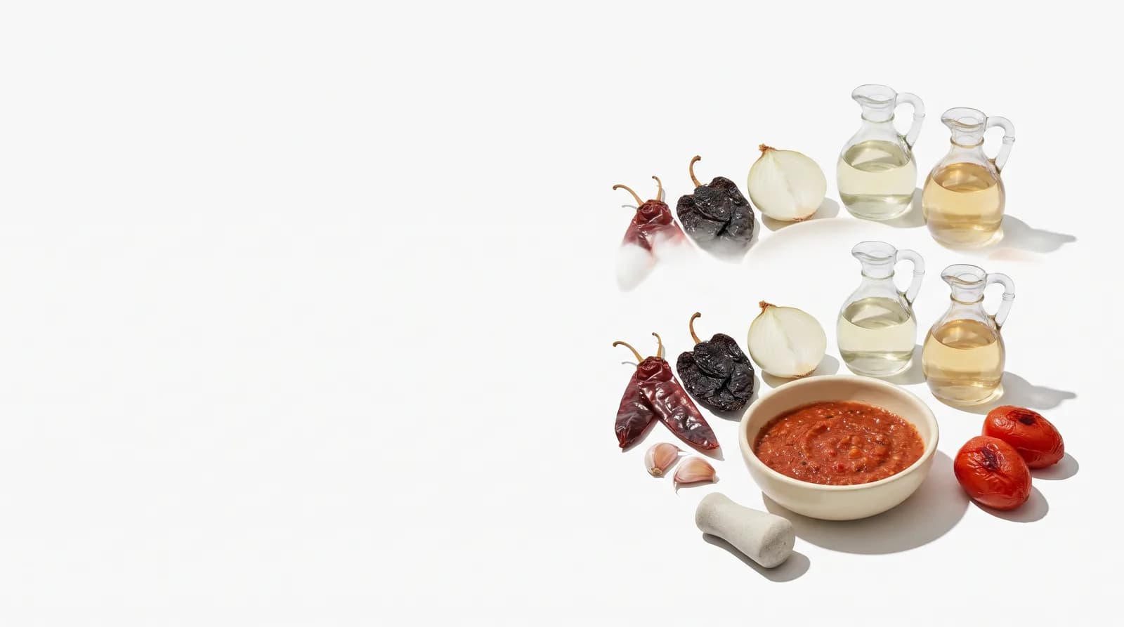 Un cuenco claro con salsa roja recién molida, chiles secos, ajo y cebolla al lado.