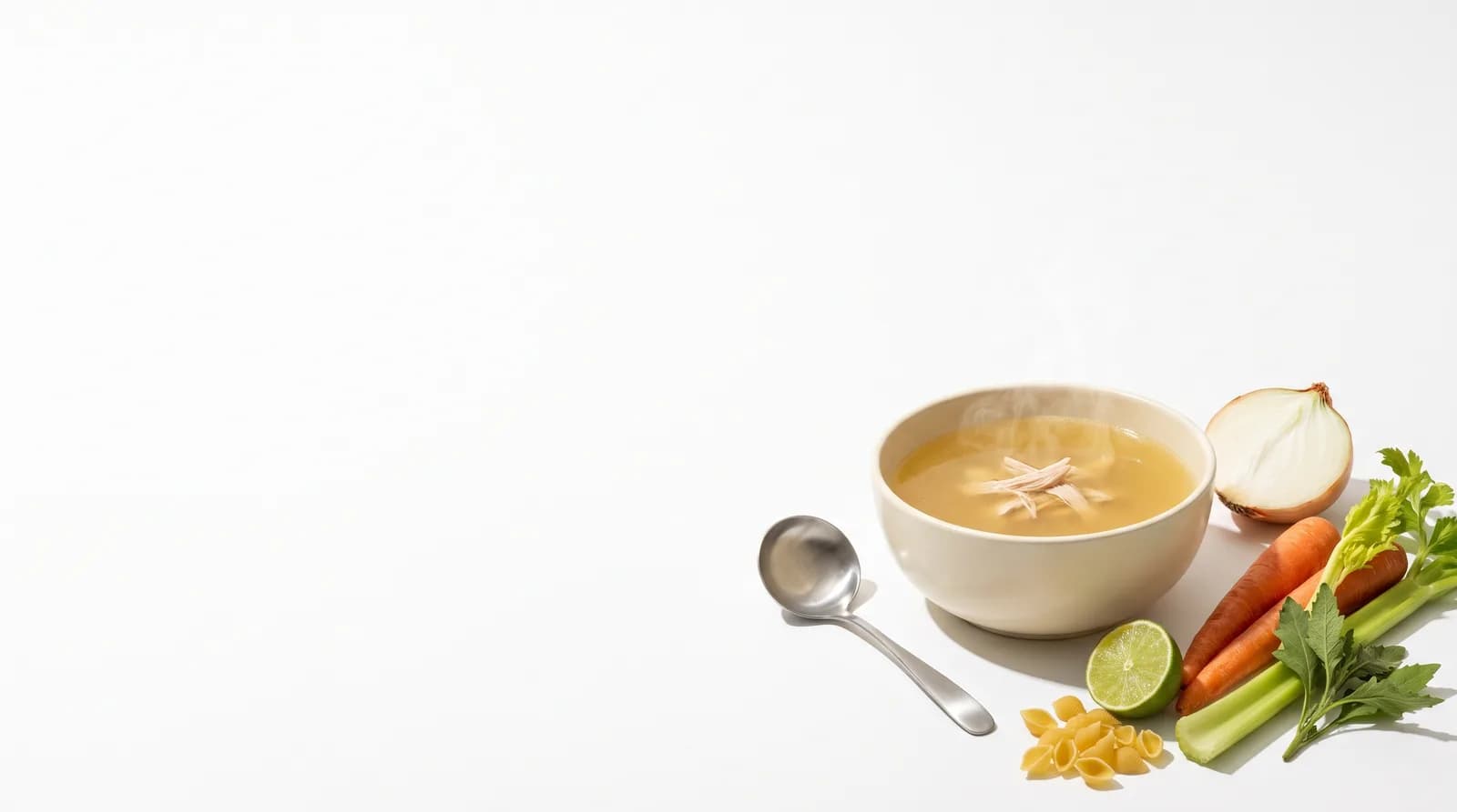 Un tazón de caldo dorado con pollo deshebrado, junto a cebolla, zanahoria, apio, epazote, limón y pasta de sopa.
