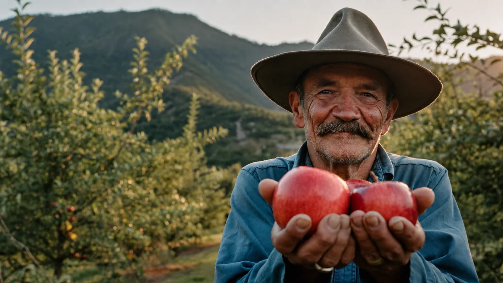 Juan sonríe con tres manzanas recién cortadas en las manos, en su huerta de la sierra