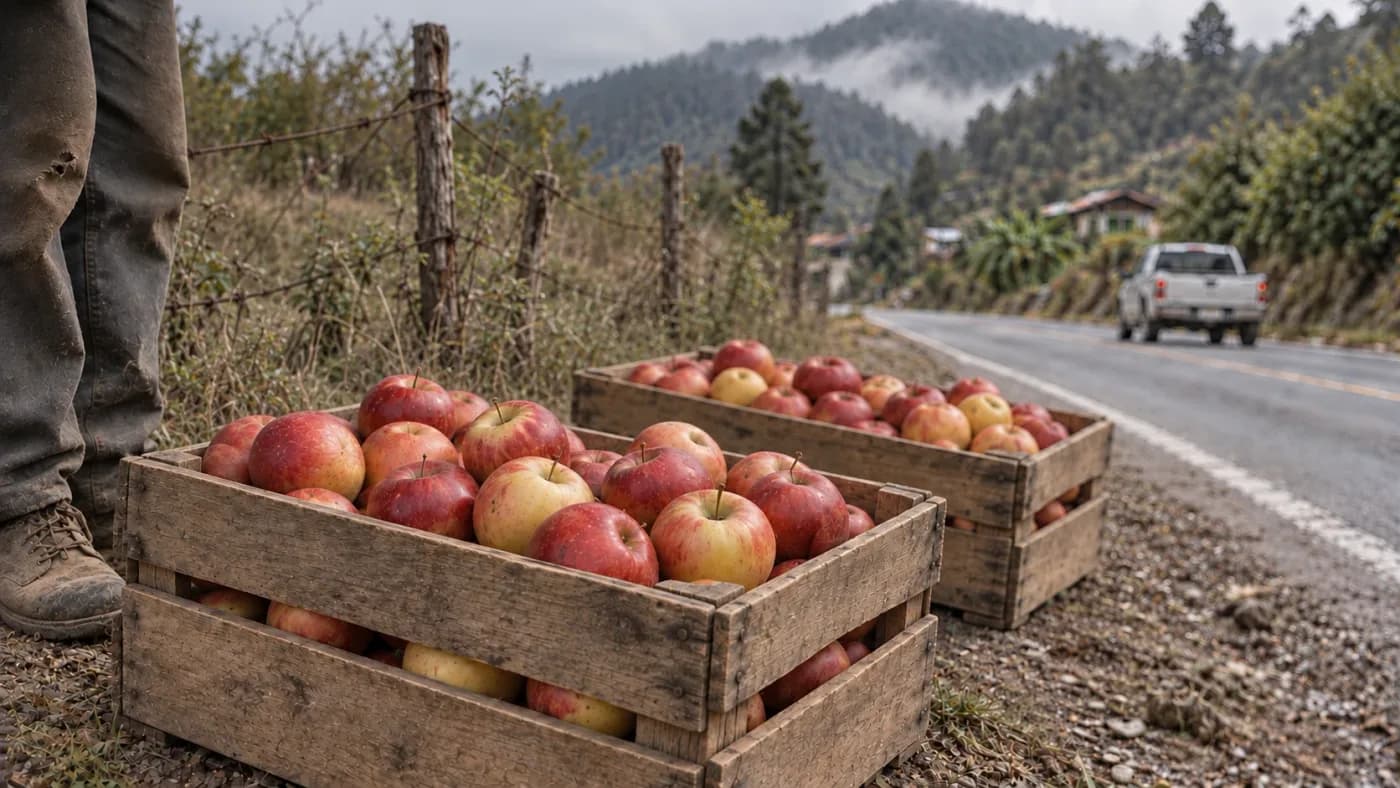 Huacales de manzana recién cortada a la orilla de la carretera, en la sierra de Puebla