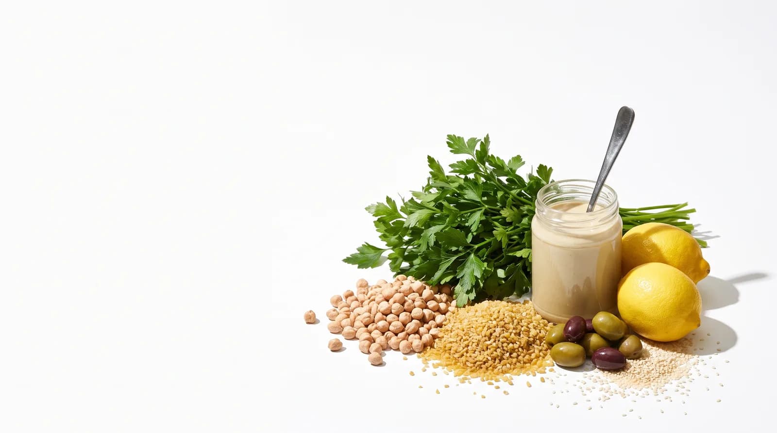 Garbanzo seco, trigo quebrado, pasta de ajonjolí, perejil, limón y aceitunas.