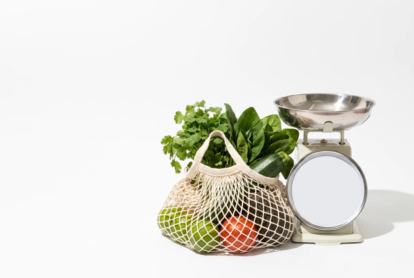 Bolsa de red llena de verdura —cilantro, espinaca, limón, calabaza, jitomate y aguacate— junto a una báscula de cocina.