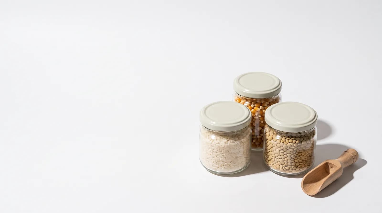 Tres frascos de vidrio con arroz, lenteja y maíz, junto a una cuchara de madera.