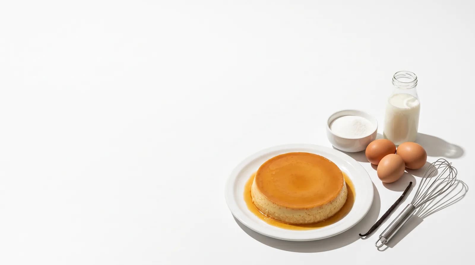 Un flan con caramelo en un plato blanco, junto a huevos, azúcar, leche y una vainilla.