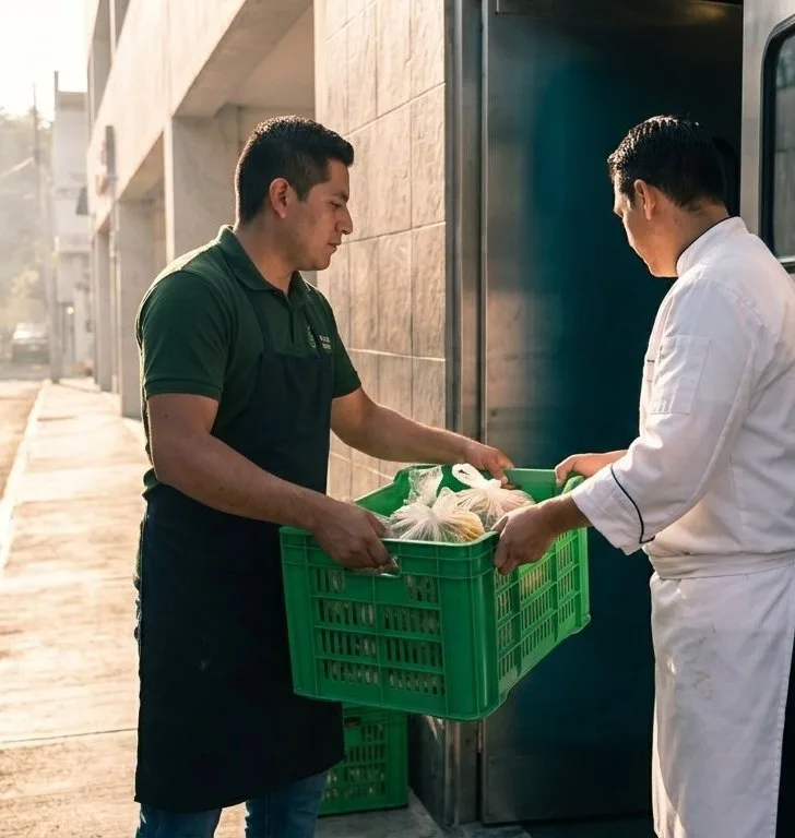 Un distribuidor entregando una reja de verdura a un cocinero